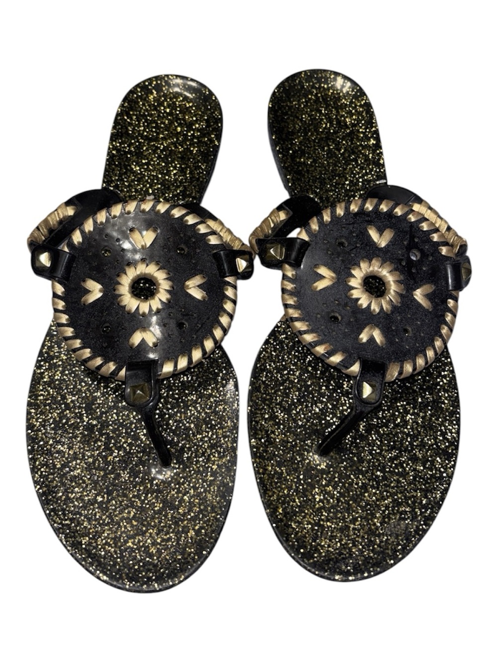 Jack Rogers Georgica Black & Gold Sparkle Glitter Jelly Sandals - Size 9